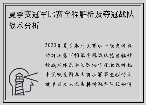 夏季赛冠军比赛全程解析及夺冠战队战术分析