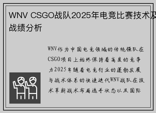 WNV CSGO战队2025年电竞比赛技术及战绩分析