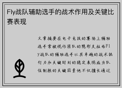 Fly战队辅助选手的战术作用及关键比赛表现