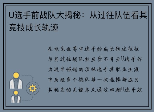 U选手前战队大揭秘：从过往队伍看其竞技成长轨迹