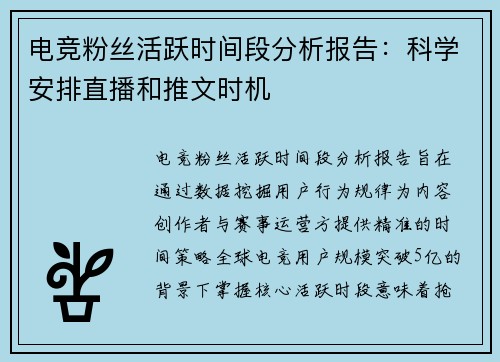 电竞粉丝活跃时间段分析报告：科学安排直播和推文时机